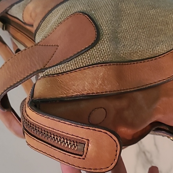 Fossil Vintage Revival Tan Leather Sage Canvas Top Handles Satchel Shoulder Bag - Picture 7 of 16